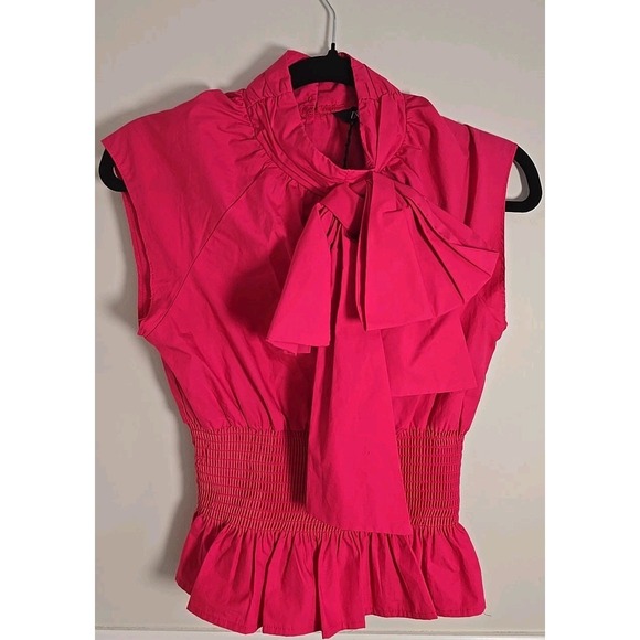 ZARA Fuchsia Pink Bow Poplin Top XS Sleeveless Statement Blouse Fitted Chic - Picture 4 of 11